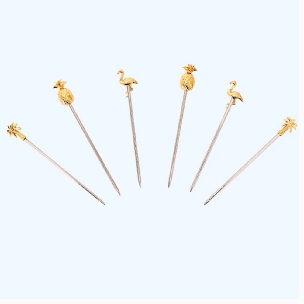 Lilly Pulitzer Appetizer Picks Set of 6 Gold Metal Cocktail Picks Tropical NWT